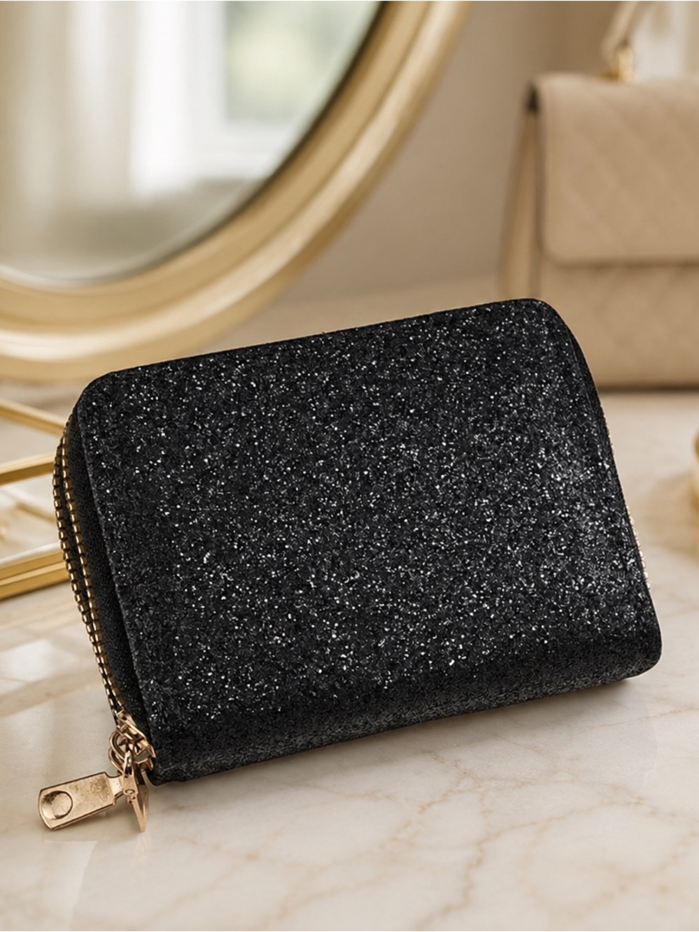 Black Glitter Wallet Double Zipper Accordion Card Holder Coin Purse Womens NEW